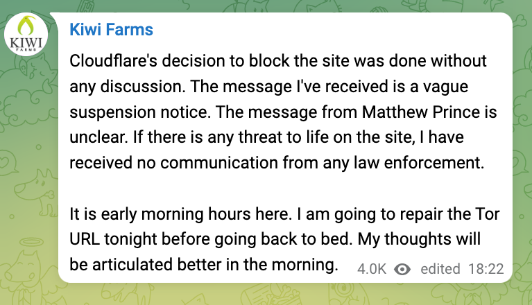 Kiwi Farms owner Joshua "Null" Moon says Cloudflare suspension is 'Unclear' and 'Vague Notice'